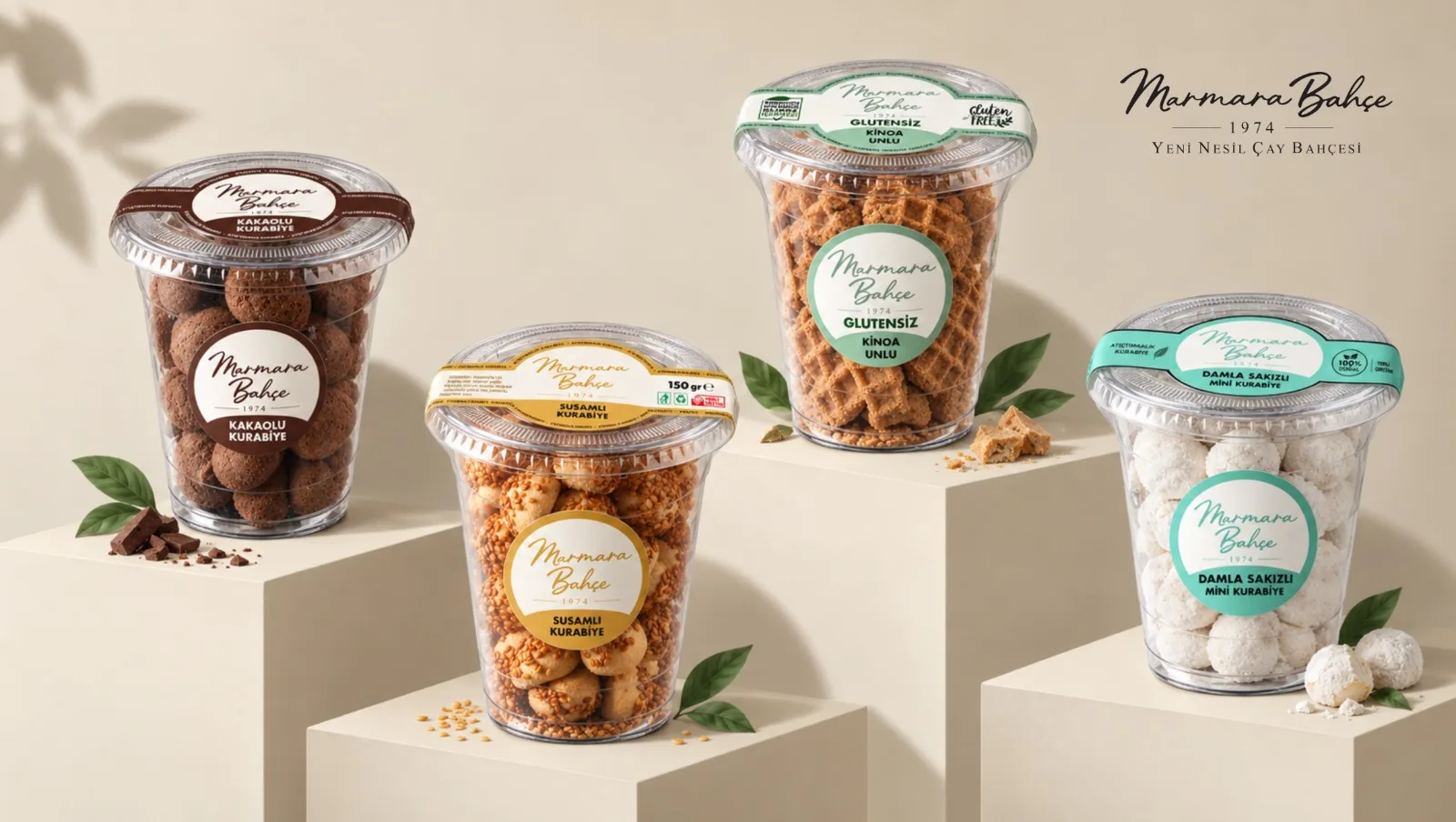 Marmara Bahçe kutularında kakaolu, susamlı, glutensiz kinoa unlu ve damla sakızlı mini kurabiye.